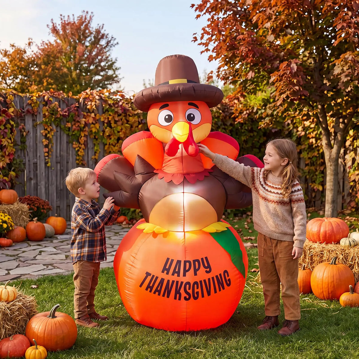 Kids beside a nearly 6 ft Thanksgiving turkey inflatable in a backyard