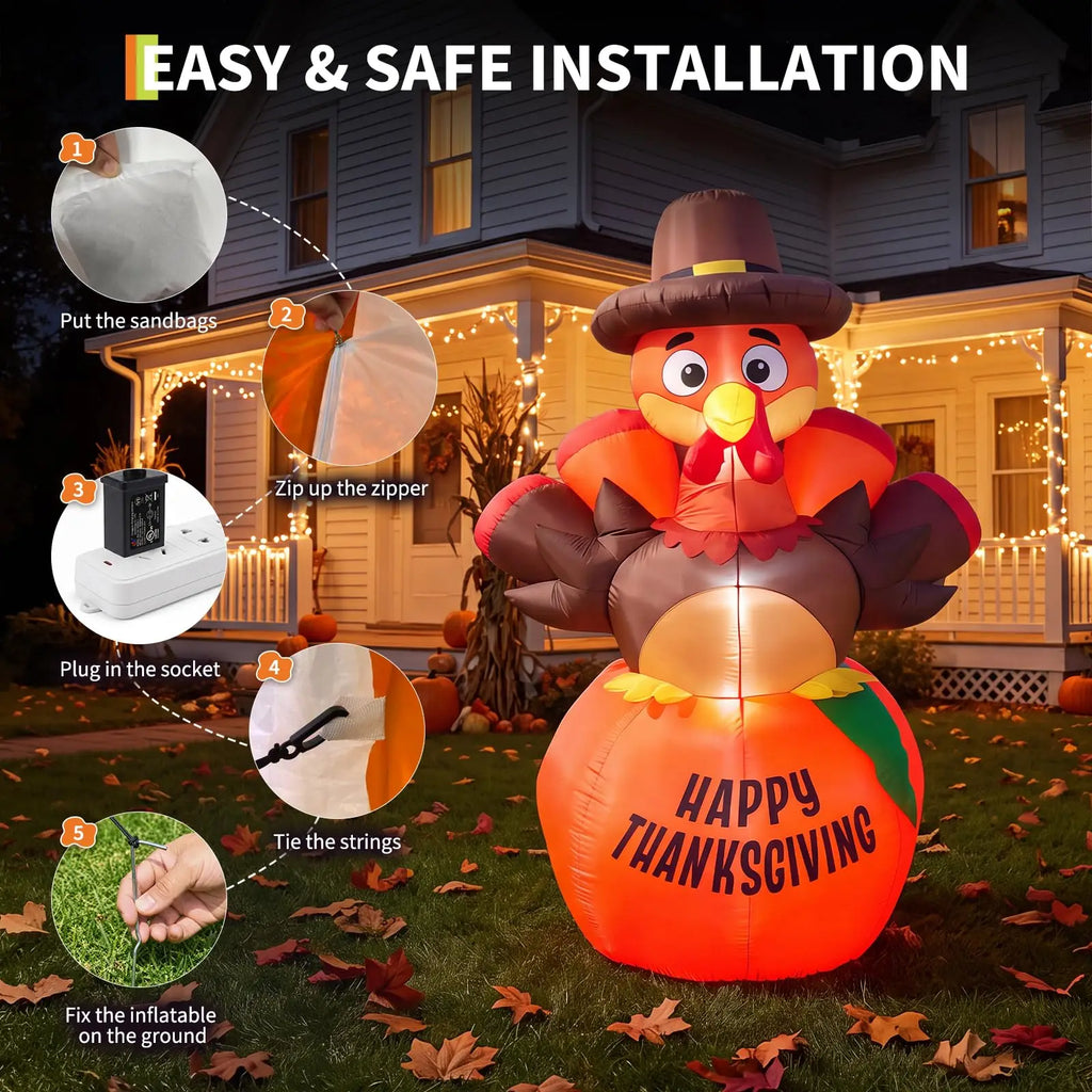 Setup steps for the inflatable turkey: base weight, zipper, plug, ropes, and stakes