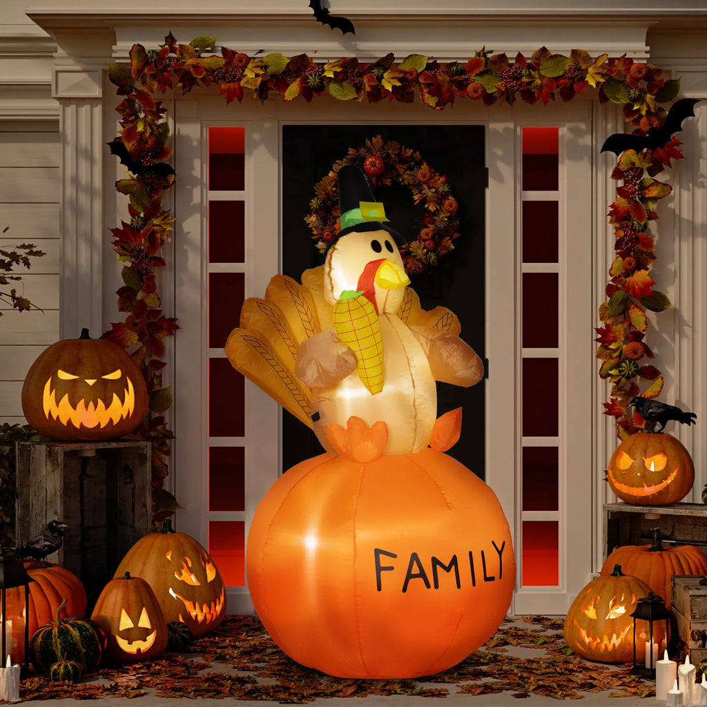 Light-up inflatable turkey decoration on a fall-decorated front porch