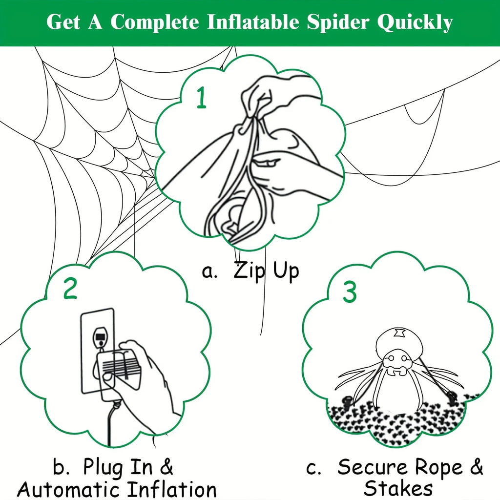 Three setup steps for the blow up spider: zip up, plug in, and stake down