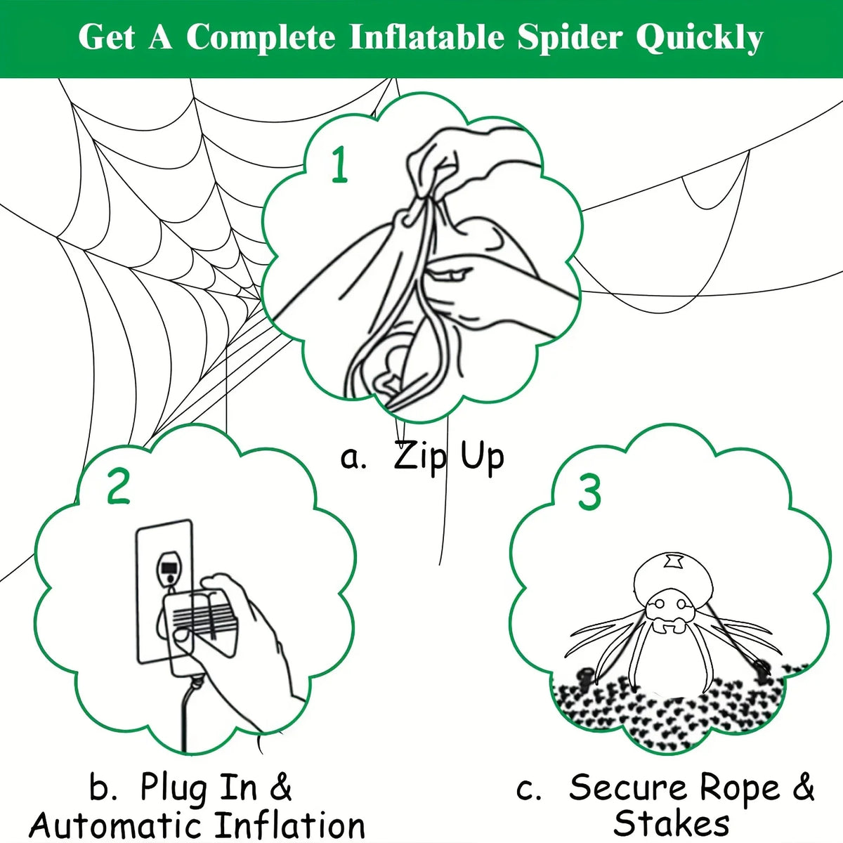 Three setup steps for the blow up spider: zip up, plug in, and stake down