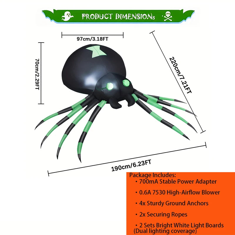 Inflatable spider dimensions with the included blower, adapter, stakes, ropes, and LED lights