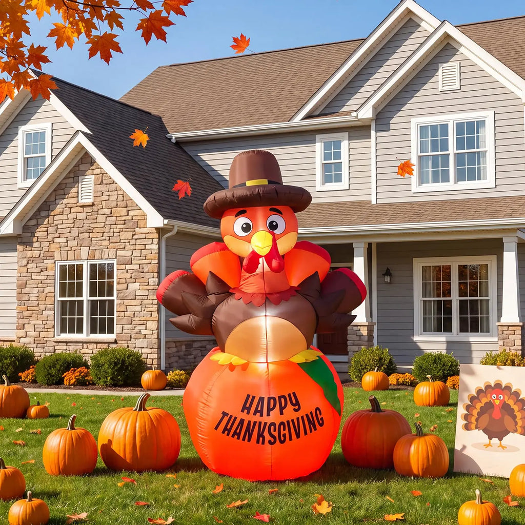 Giant inflatable turkey on pumpkin with Happy Thanksgiving lettering in a fall front yard