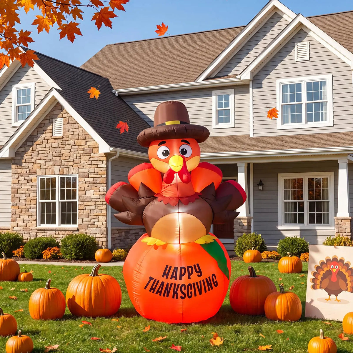 Giant inflatable turkey on pumpkin with Happy Thanksgiving lettering in a fall front yard