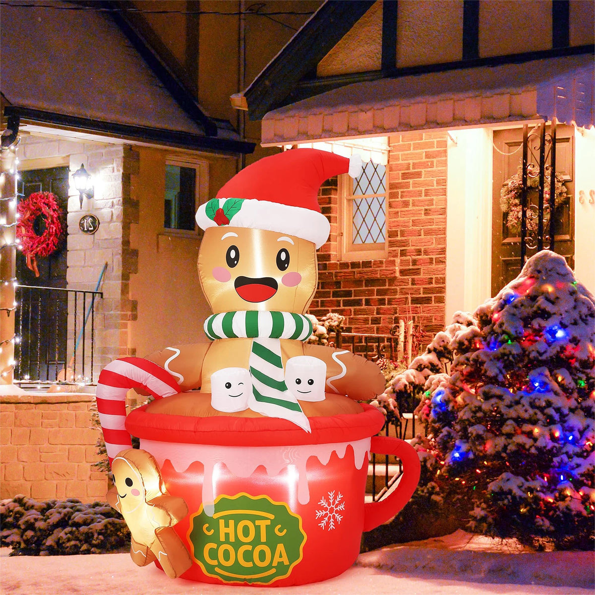 6FT Christmas Gingerbread Man Hot Cocoa Mug Inflatable With LED Lights Blow Up Outdoor Toy For Yard Lawn Garden Party Decor Xmas