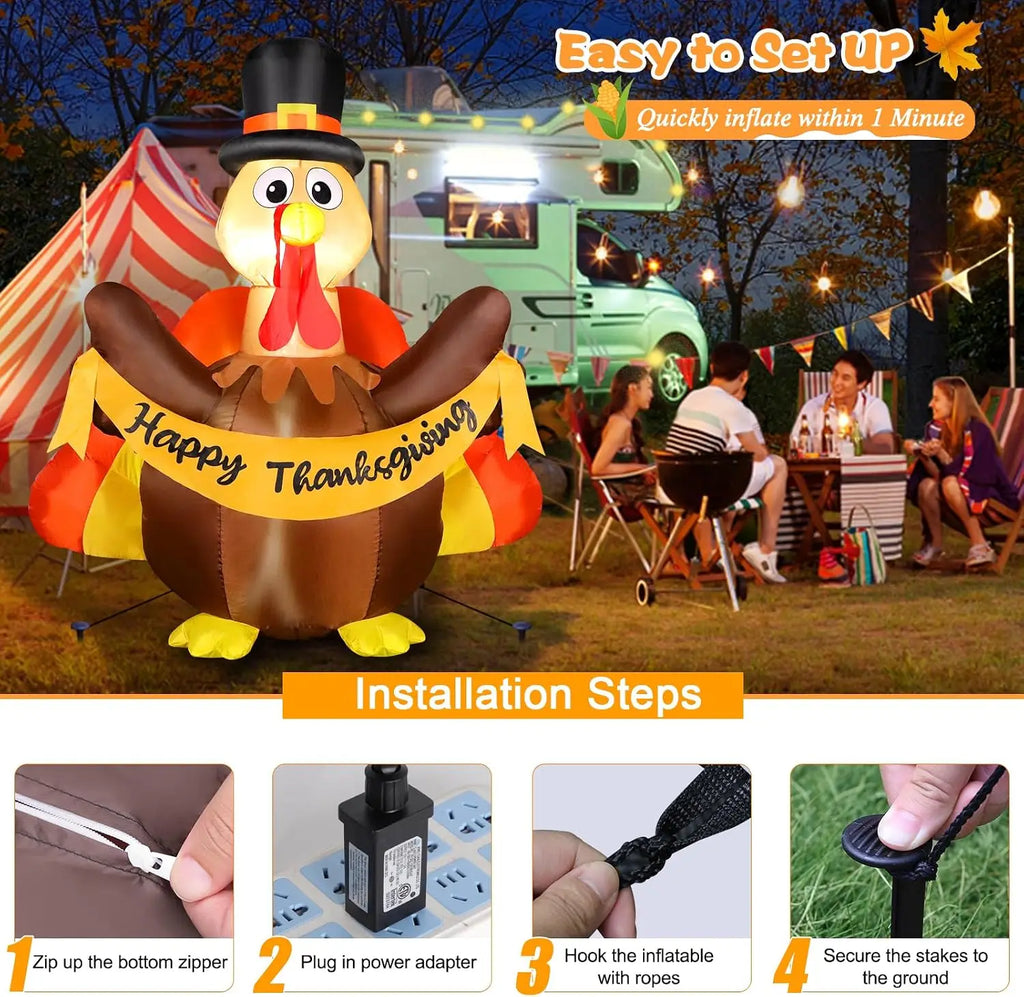 Pilgrim turkey inflatable at a campsite with installation steps: zipper, plug, ropes, and stakes