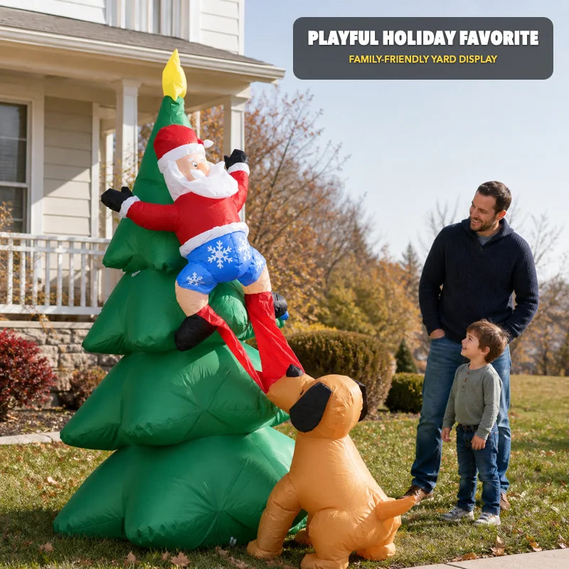 Funny Santa climbing tree inflatable with dog on a lawn as a family watches