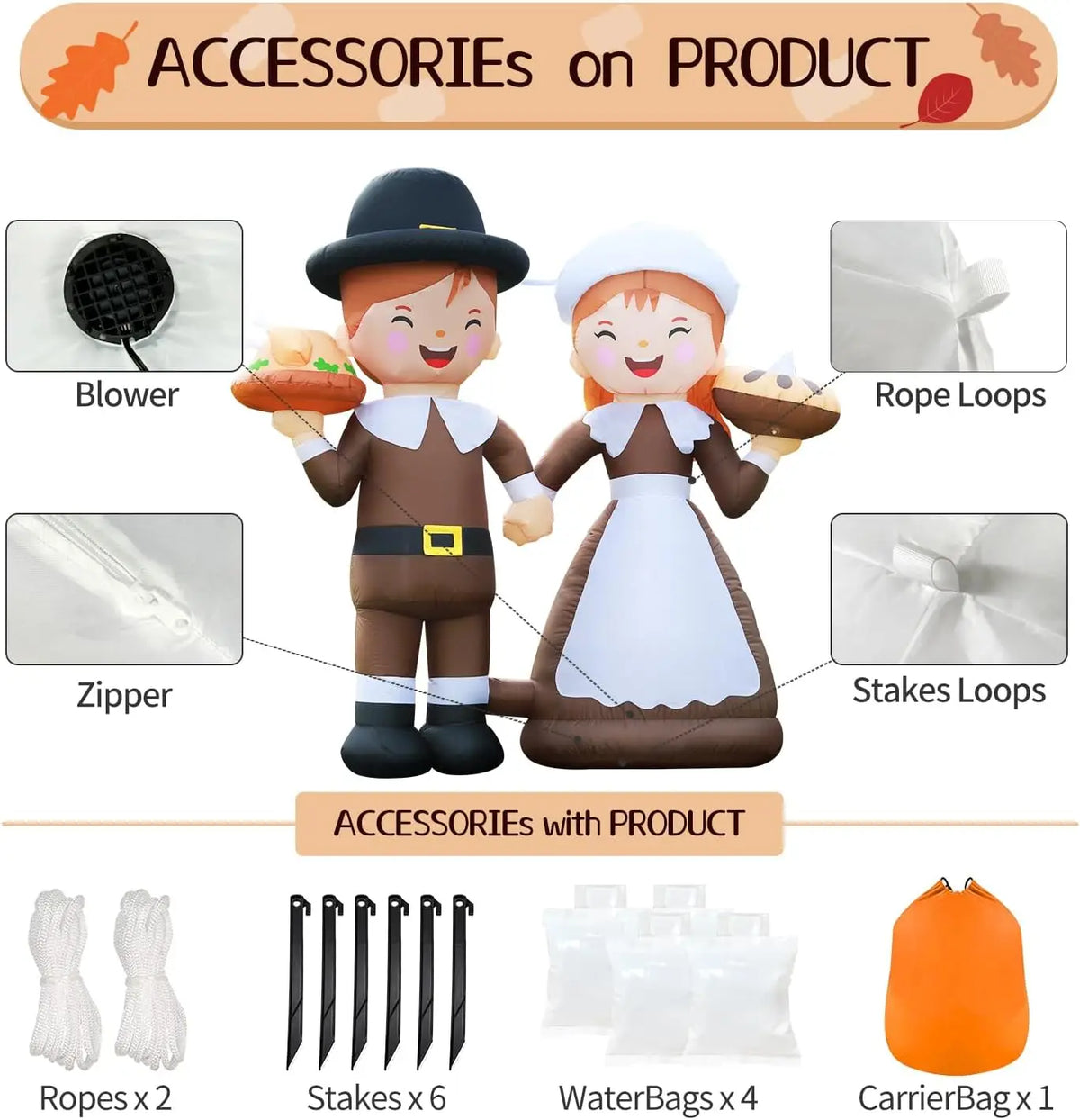 Pilgrim inflatable accessories: blower, zipper, 2 ropes, 6 stakes, 4 water bags, and carrier bag